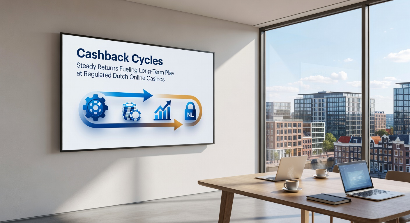 Speler aan mobiel scherm met cashback notificatie en cyclus grafiek op een KSA-gelicentieerd Nederlands casino platform, illustrerend real-time returns en langetermijnspel