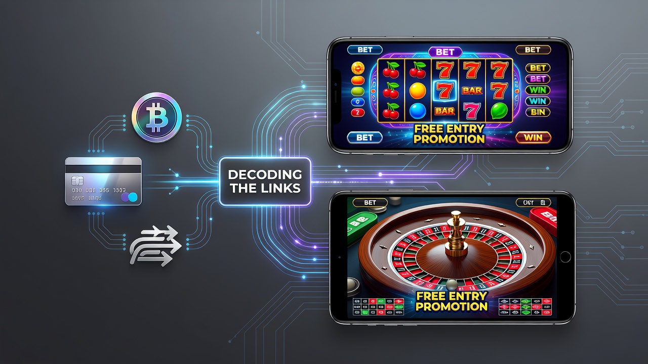 Illustratie van mobiele slot- en roulette-interfaces met transactiemethoden en promoties