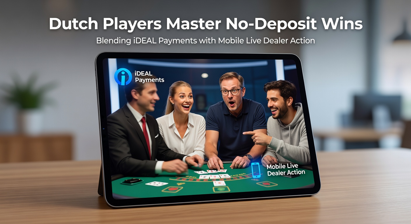 Nederlandse speler viert no-deposit winst aan mobiele live dealer tafel met iDEAL-logo op scherm