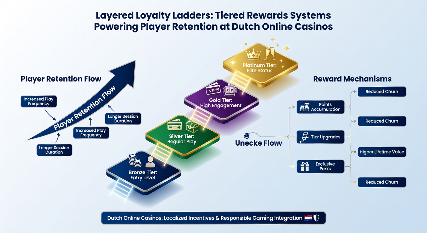 Schermafbeelding van een mobiele app met een loyaalheidsdashboard, tonend tier-progressie en beloningen bij een Nederlands online casino