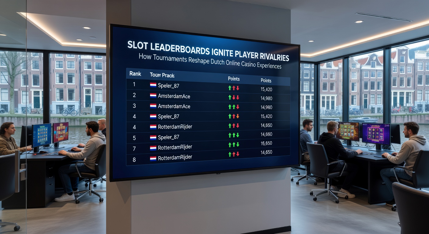 Groep spelers die juichen bij een slot toernooi overwinning, met leaderboard op de achtergrond in een Nederlands casino setting