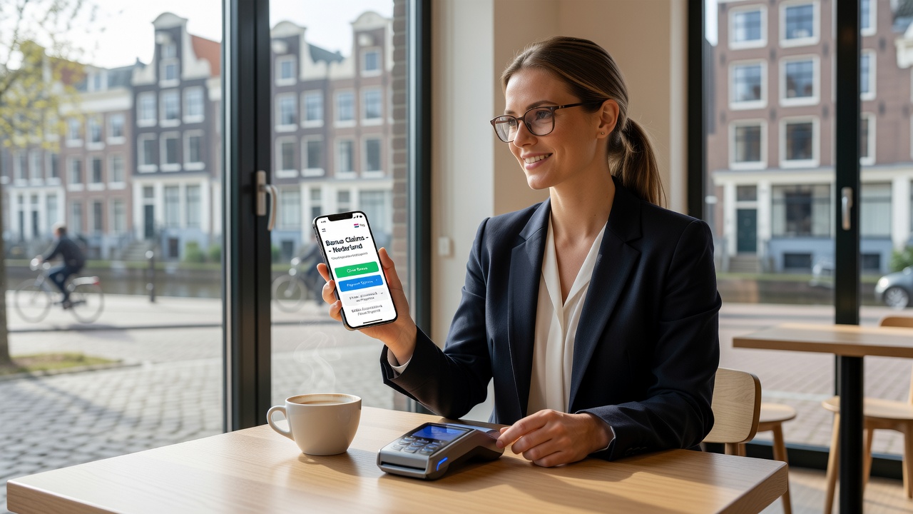 Gebruikersinterface van een Nederlandse mobiele casino-app met iDEAL-betaling en actieve bonusclaim